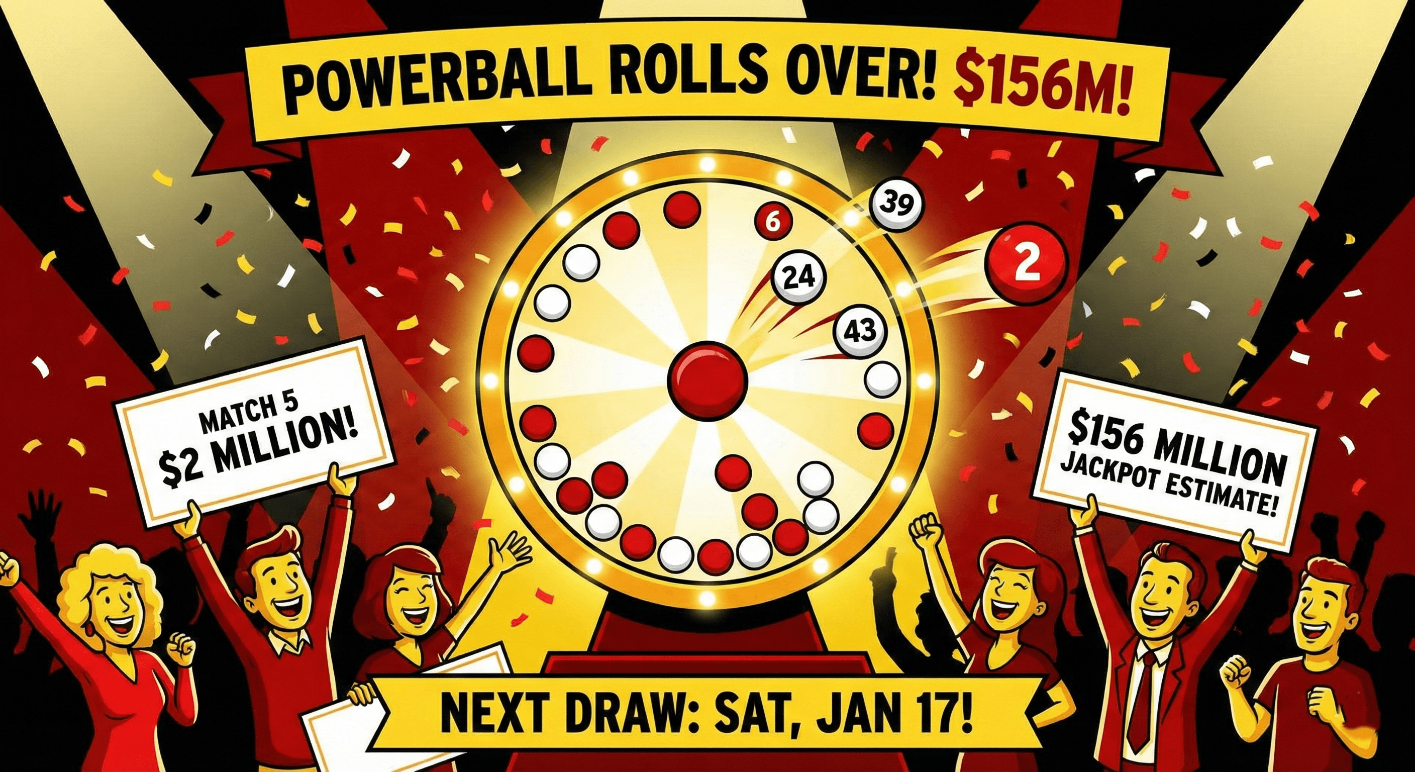 No ticket matched all six numbers (6-24-39-43-51, Powerball 2) in Wednesday's drawing, resulting in three Match 5 winners (one with Power Play) collecting $2 million each